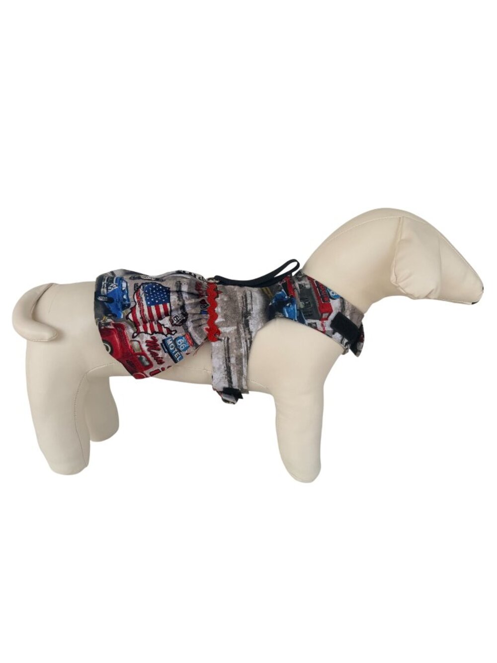 Handmade Small Dog Adjustable Dress Outfit w Harness Route 66 Retro Cars US Flag